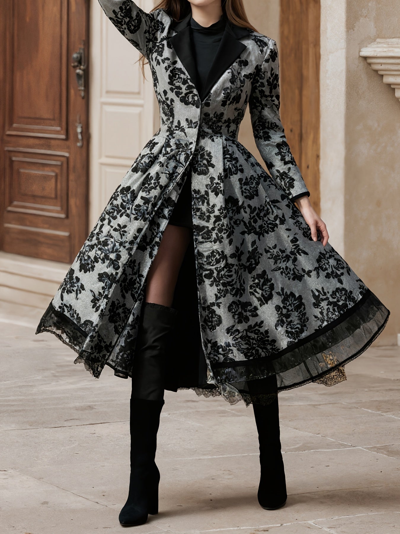 Women's Evening Dress, Lace Decoration, Collar, Flower Print Press, Long Sleeve, Dance Dress