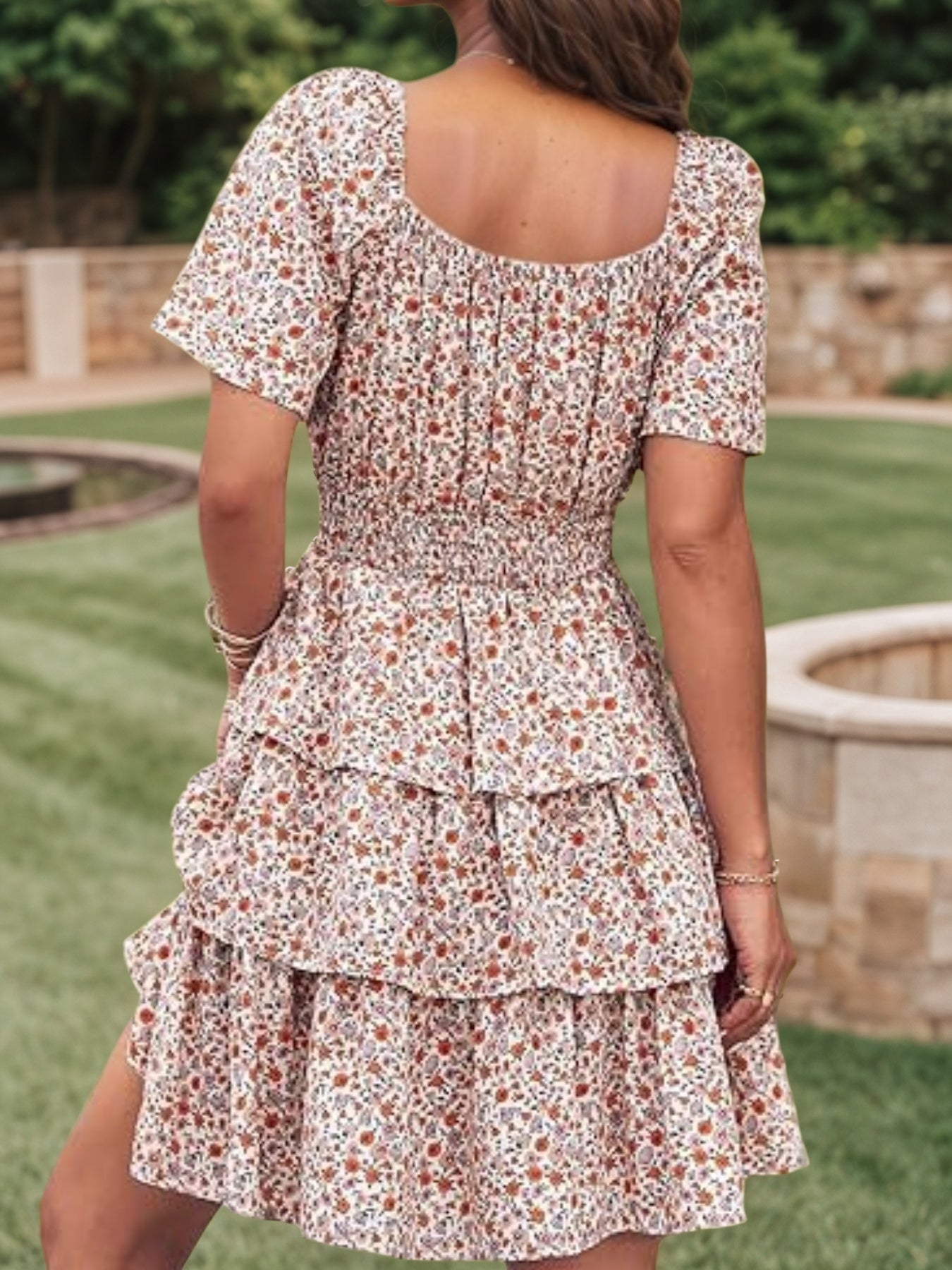 Women's New Floral Summer Short Dress Square Neck Short Sleeve Layered Folded Bohemian Pendant Skirt