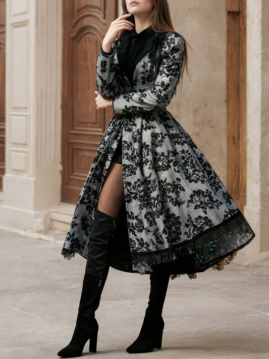 Women's Evening Dress, Lace Decoration, Collar, Flower Print Press, Long Sleeve, Dance Dress