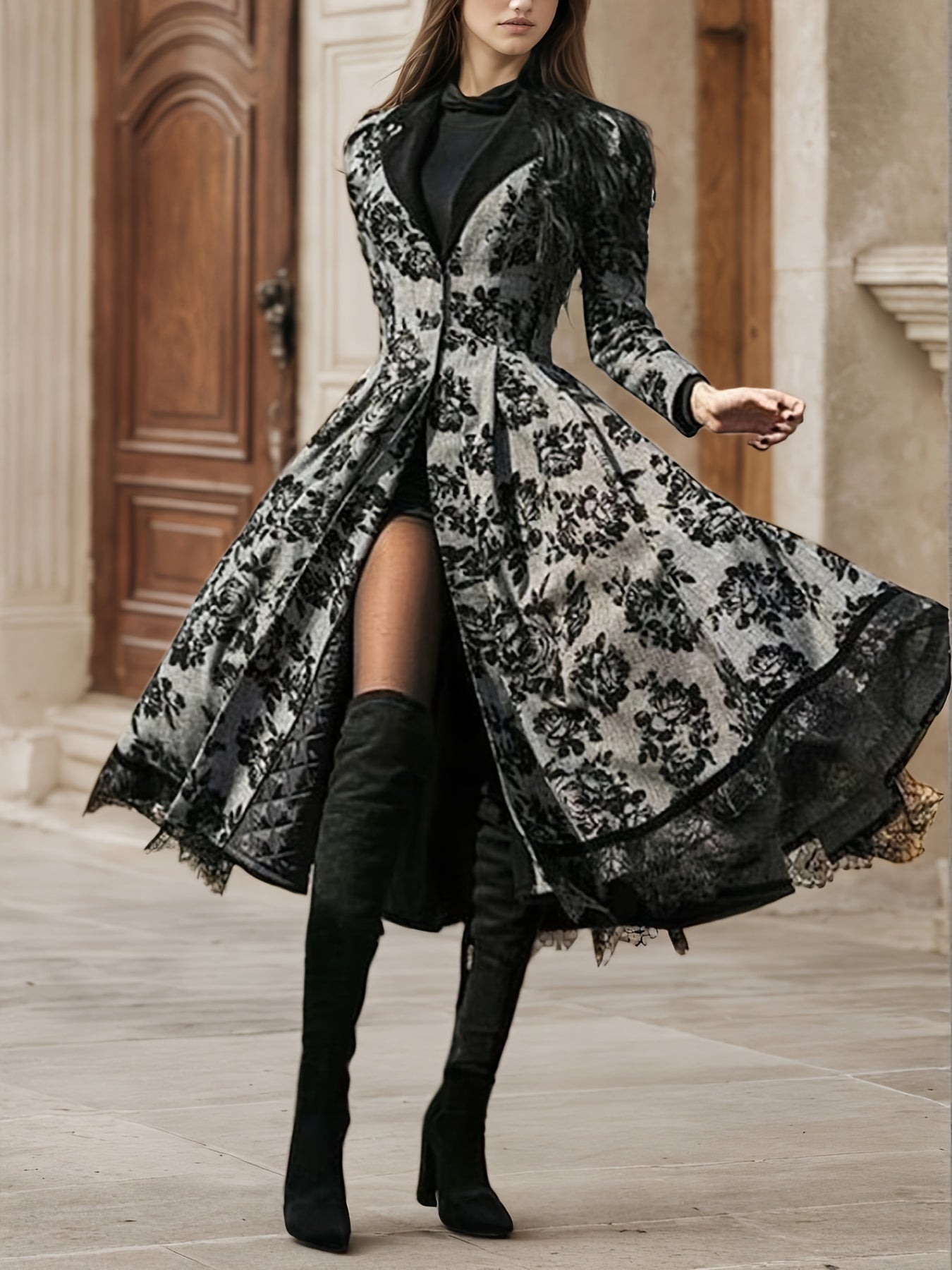 Women's Evening Dress, Lace Decoration, Collar, Flower Print Press, Long Sleeve, Dance Dress