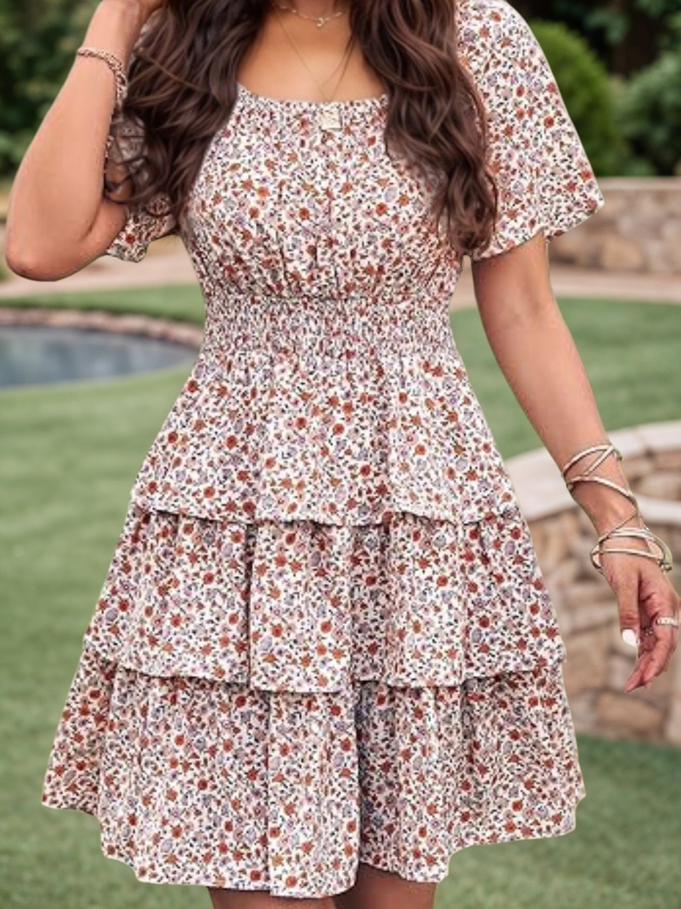 Women's New Floral Summer Short Dress Square Neck Short Sleeve Layered Folded Bohemian Pendant Skirt
