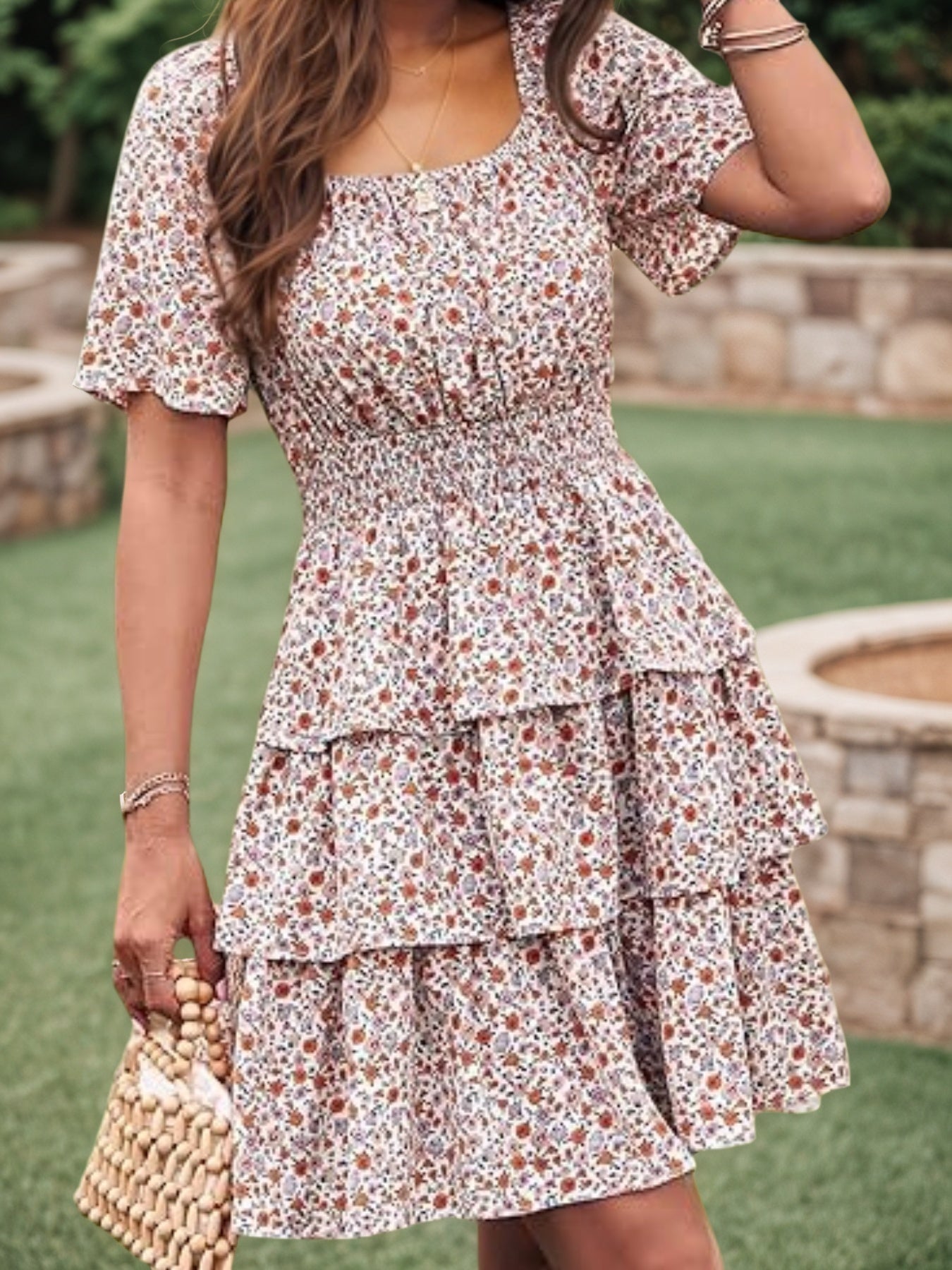 Women's New Floral Summer Short Dress Square Neck Short Sleeve Layered Folded Bohemian Pendant Skirt