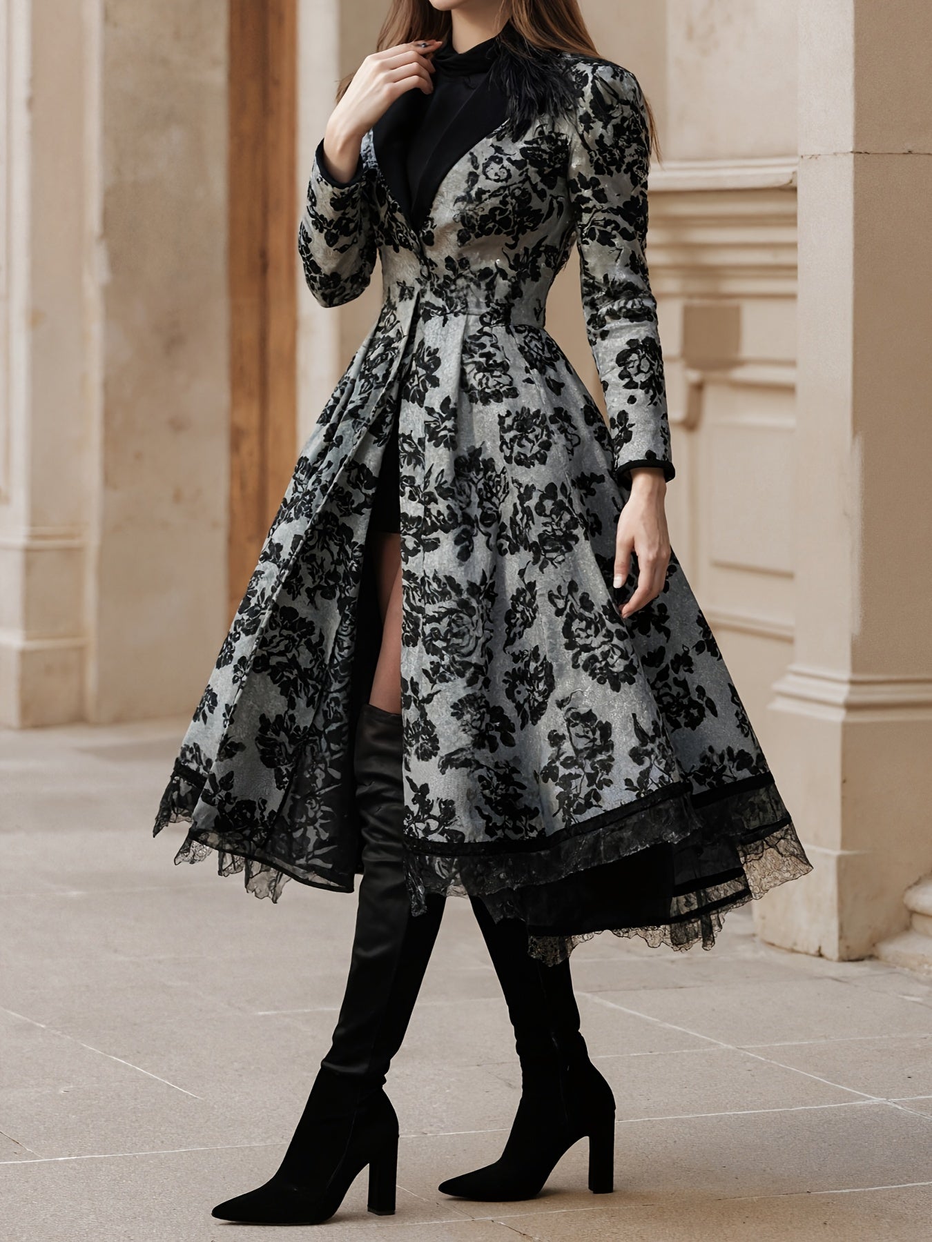 Women's Evening Dress, Lace Decoration, Collar, Flower Print Press, Long Sleeve, Dance Dress